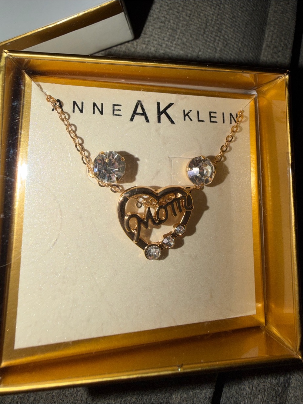 Anne Klein Gold Tone 'Mom' Heart Pendant Necklace with Clear Crystals